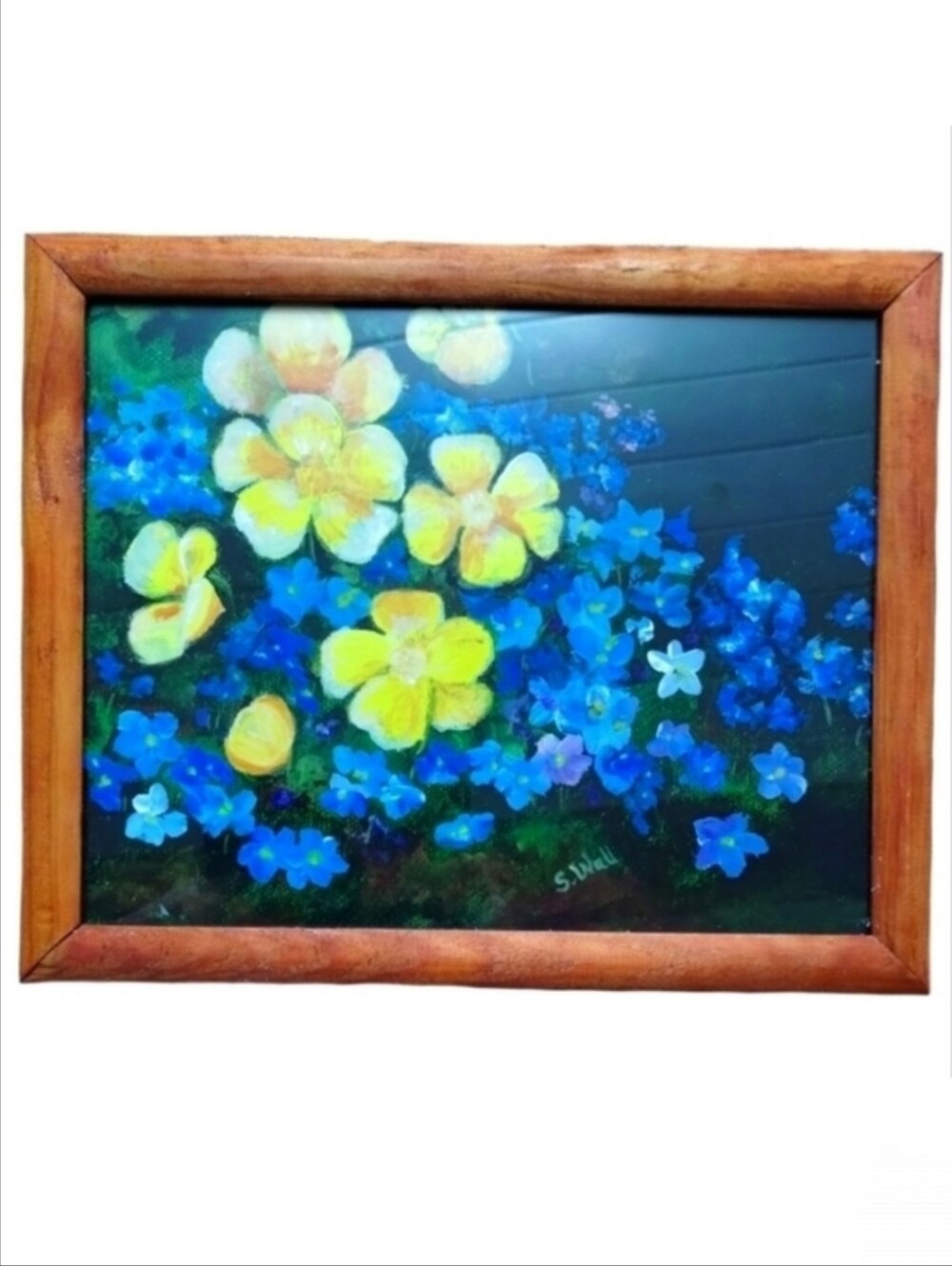 Vintage Framed Springtime Buttercups and Violets Wildflowers Print
